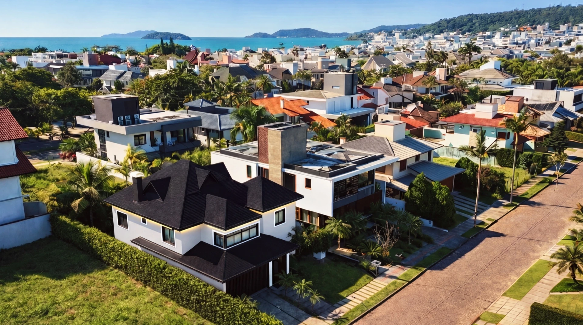 Cinematic House Jurerê - Aerial Neighborhood View